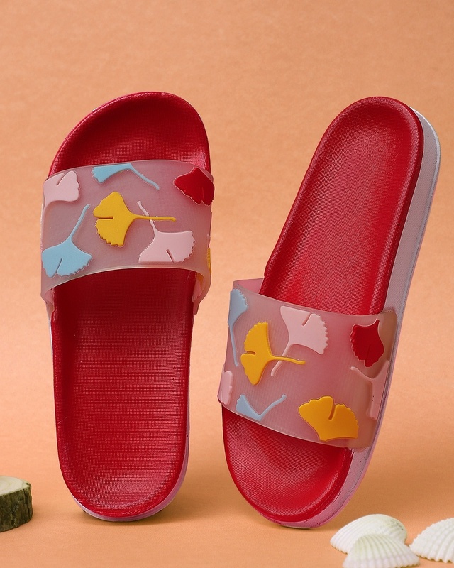 Shop Women's Red Leaves Printed Sliders-Front