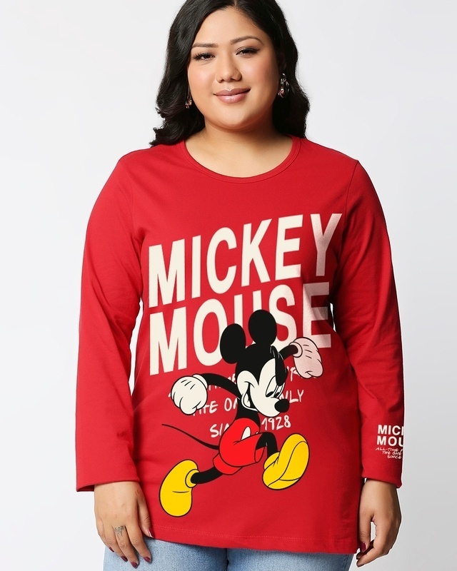 Shop Women's Red Mickey Jumps Graphic Printed Plus Size T-shirt-Front