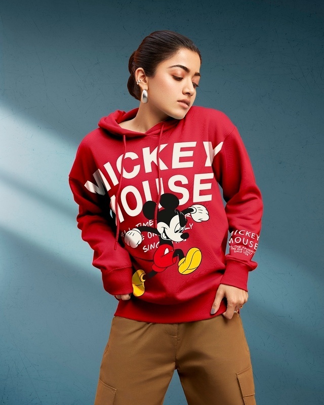 Shop Women's Red Mickey Mouse Graphic Printed Oversized Hoodie-Front