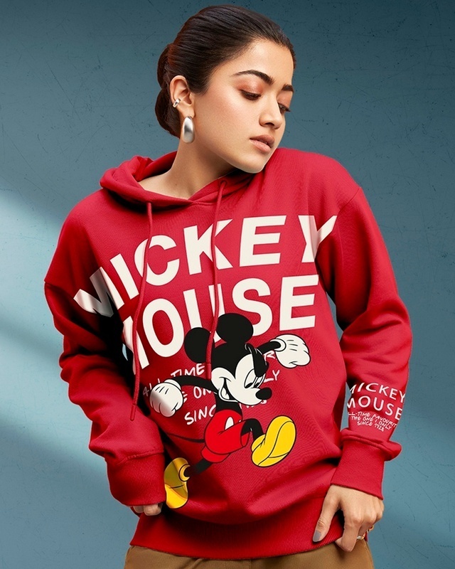 Shop Women's Red Mickey Mouse Graphic Printed Oversized Hoodie-Front