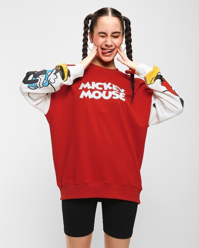 Shop Women's Red Mickey Mouse Graphic Printed Oversized Sweatshirt-Front