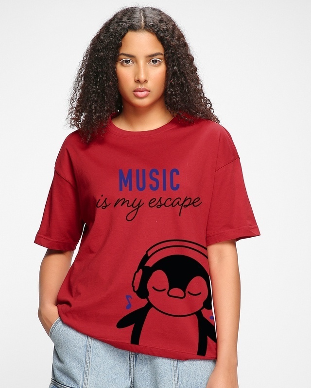 Shop Women's Red Music escape Graphic Printed Oversized T-shirt-Front