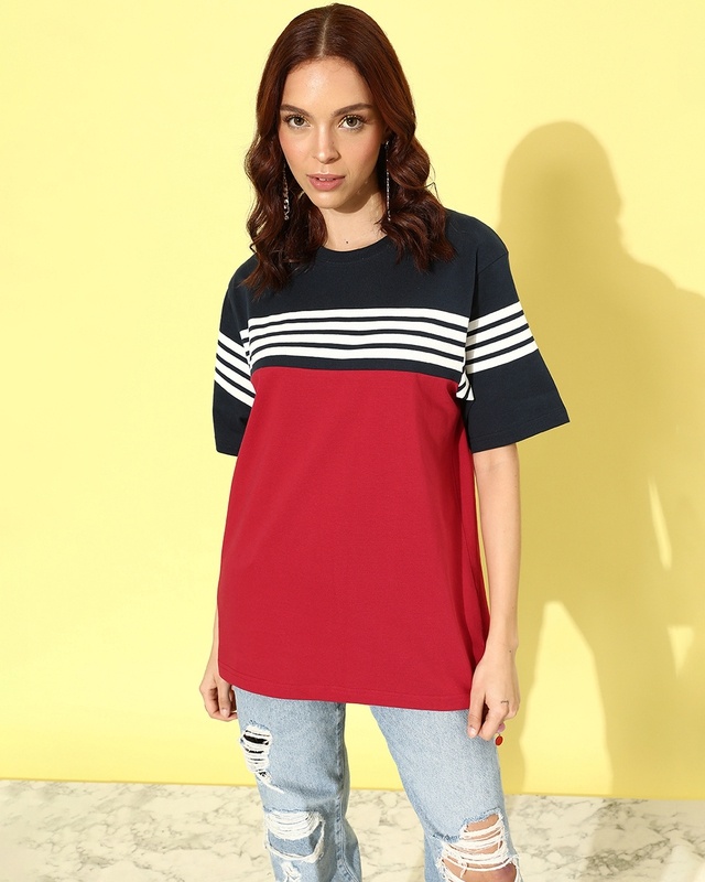 Shop Women's Red & Navy Striped Oversized T-shirt-Front