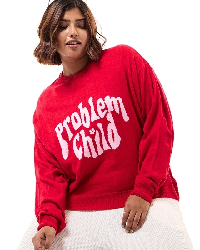 Shop Women's Red & Pink Problem Child Typography Super Loose Fit Plus Size Sweater-Front