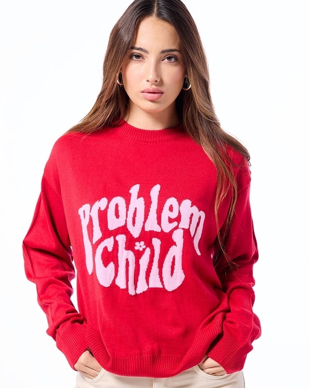 Shop Women's Red & Pink Problem Child Typography Super Loose Fit Sweater-Front