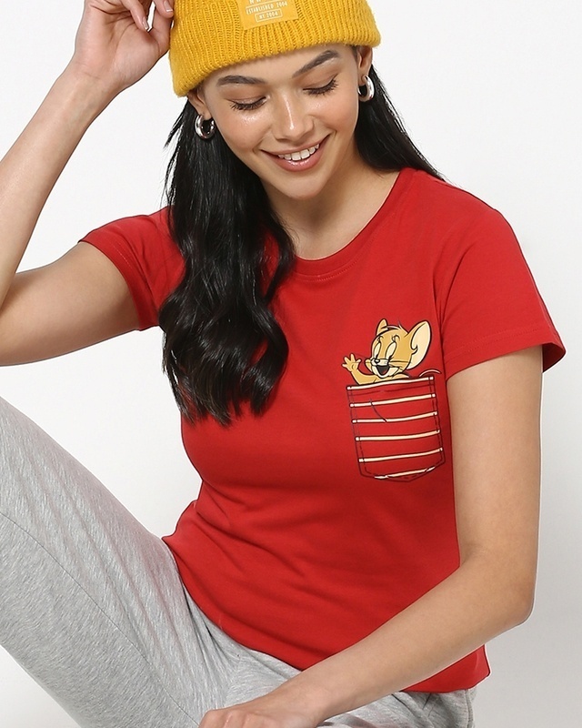 Shop Women's Red Pocket Jerry Graphic Printed Slim Fit T-shirt-Front