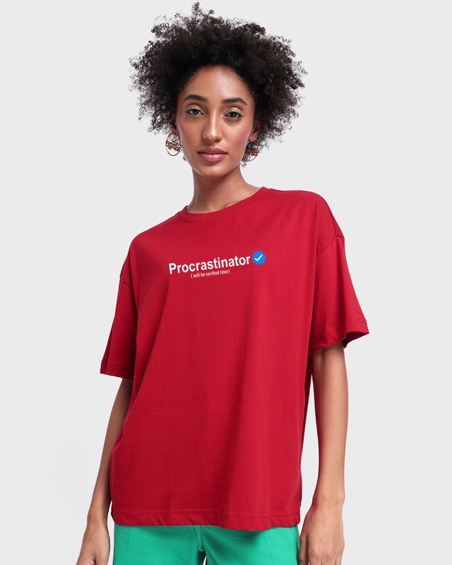 Shop Women's Red Procrastinator Typography Oversized T-shirt-Front