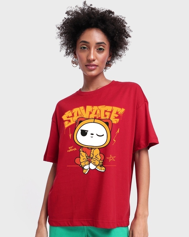 Shop Women's Red Savage Kitty Graphic Printed Oversized T-shirt-Front