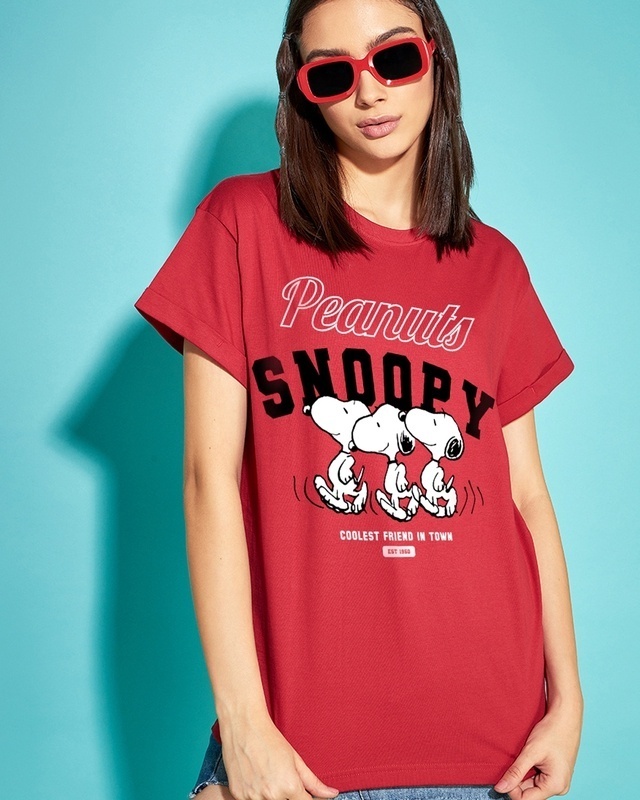 Shop Women's Red Snoopy illusion Graphic Printed Boyfriend T-shirt-Front