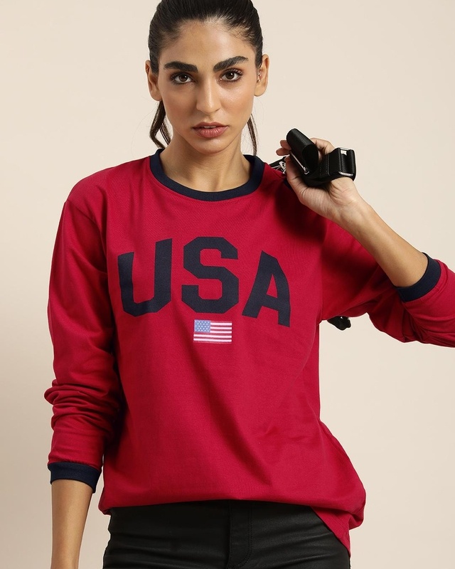 Shop Women's Red USA Typography Oversized T-shirt-Front