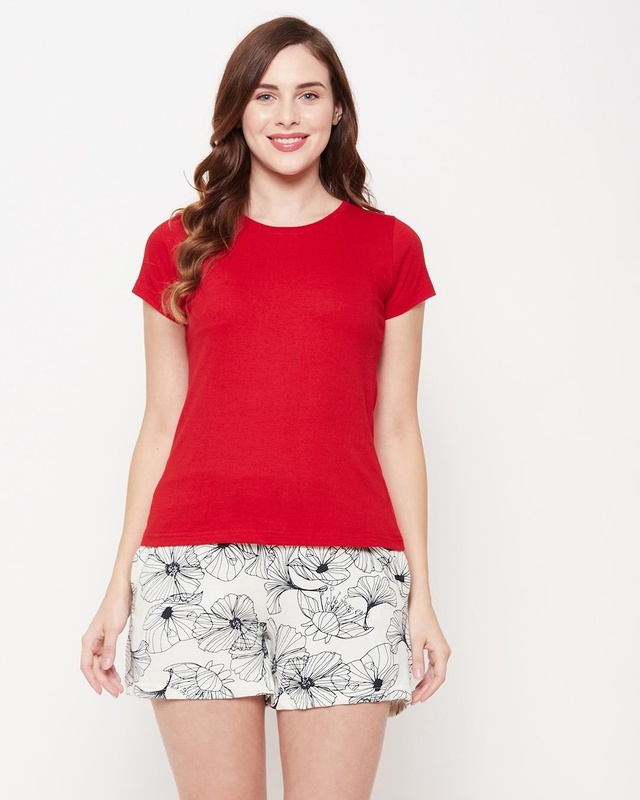 Shop Clovia Women's Red & White Printed T-shirt & Shorts Set-Front