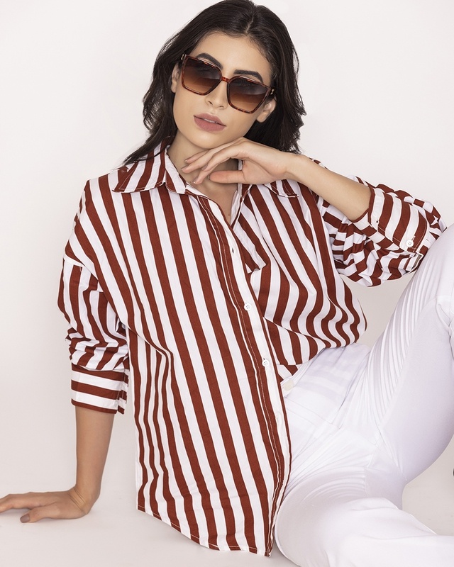 Shop Women's Red & White Striped Oversized Shirt-Front