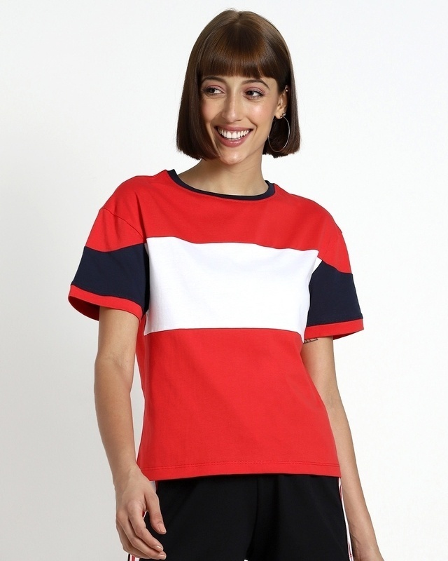 Shop Women's Retro Red Color Block Relaxed Fit Short Top-Front