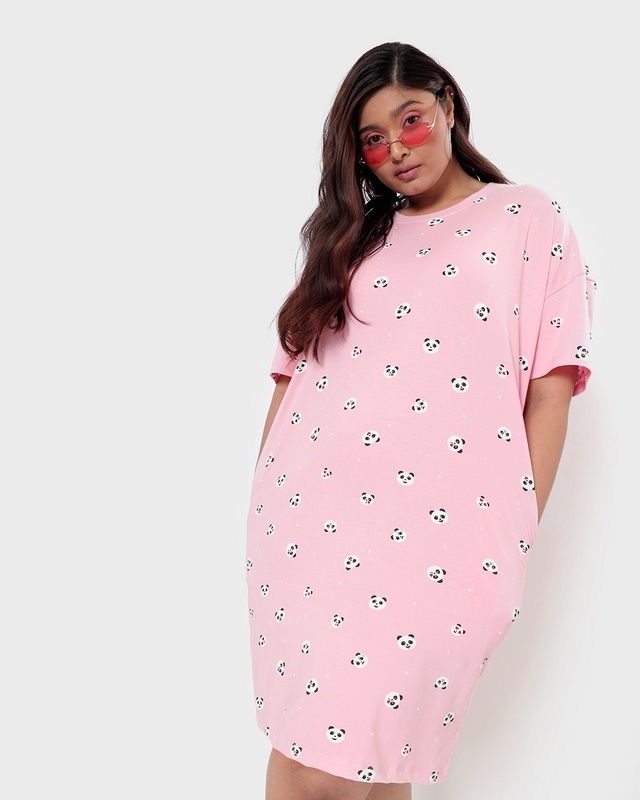 Shop Women's Rose Shadow All Over Panda Face Printed Plus Size Oversized Fit Dress-Front
