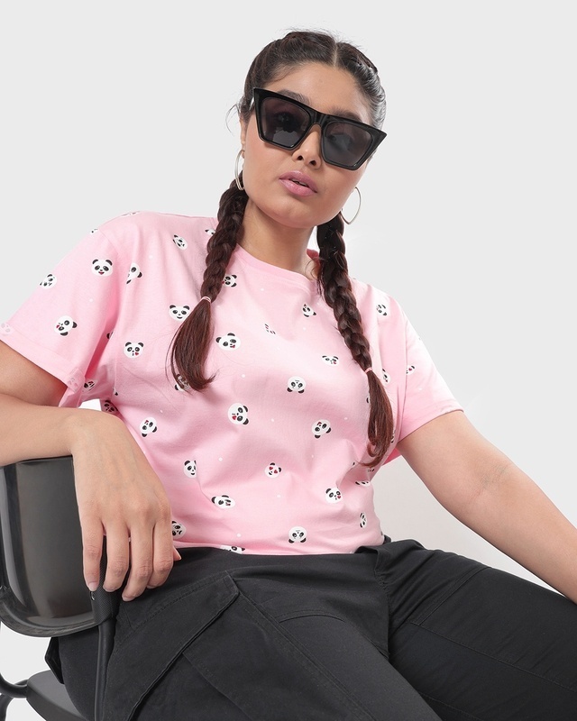 Shop Women's Rose Shadow All Over Panda Printed Plus Size Boyfriend T-shirt-Front