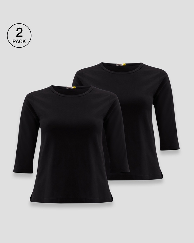 Shop Women's Round Neck 3/4 Sleeve Combo T-Shirts Black-Front