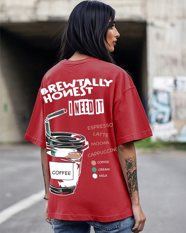 Shop Women's Salsa Red Coffee Time Graphic Printed Oversized T-shirt-Front