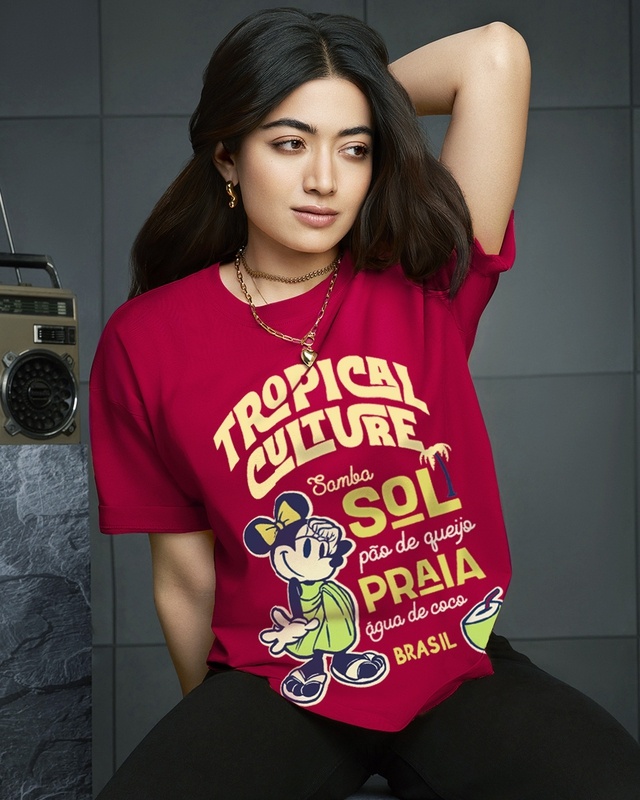 Shop Women's Salsa Red Tropical Culture Graphic Printed Oversized T-shirt-Front