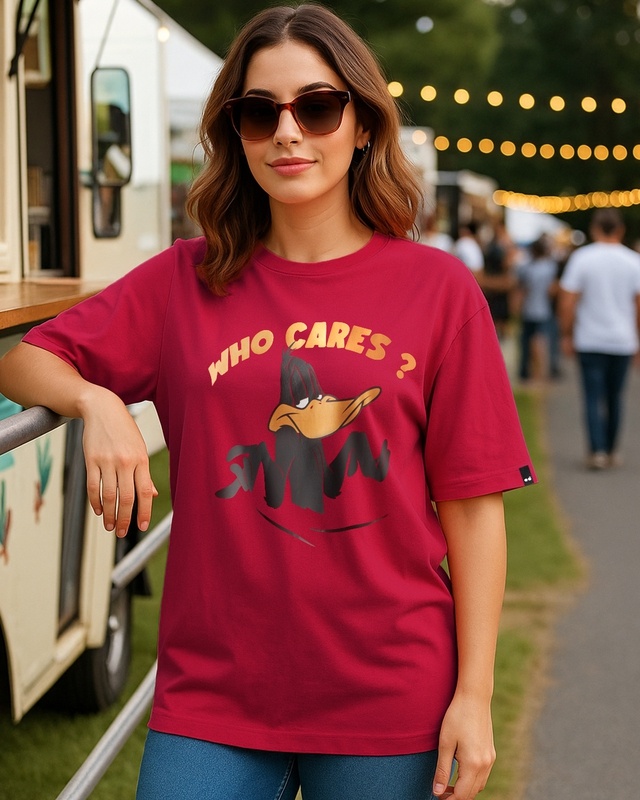 Shop Women's Salsa Red Who Cares Graphic Printed Oversized T-shirt-Front