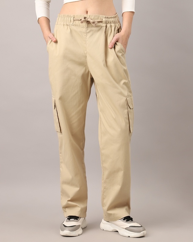 Shop Women's Sand Beige Loose Comfort Fit Cargo Pants-Front