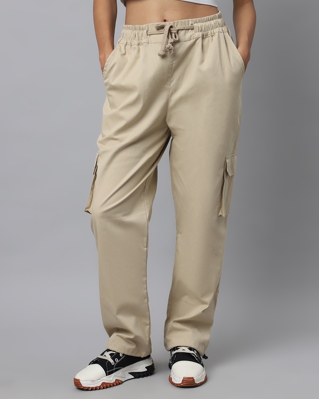 Women's Sand Beige Loose Comfort Fit Cargo Parachute Pants