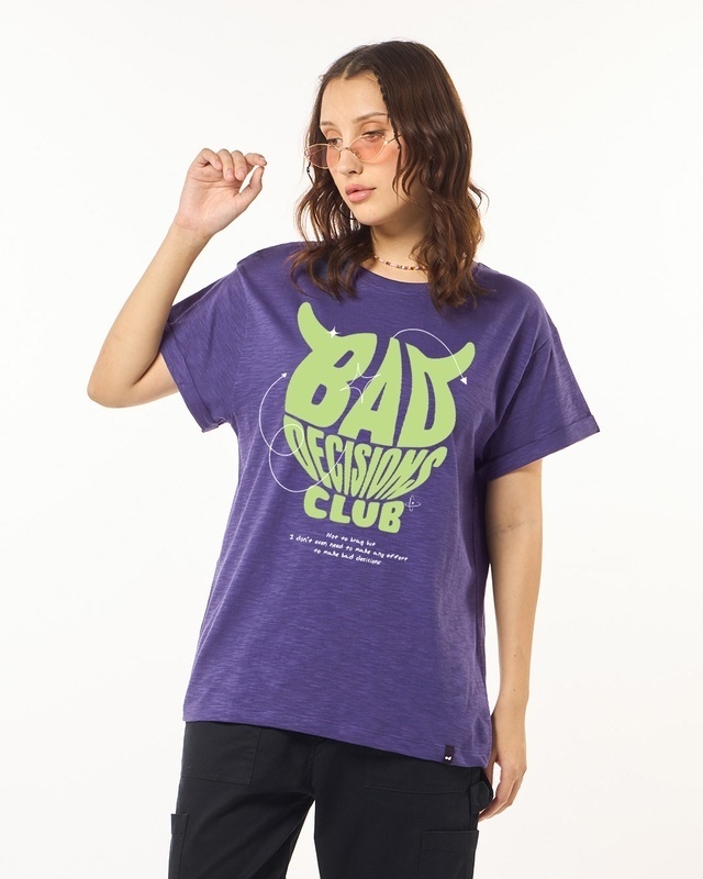 Shop Women's Skipper Blue Bad Decision Club Graphic Printed Boyfriend T-shirt-Front