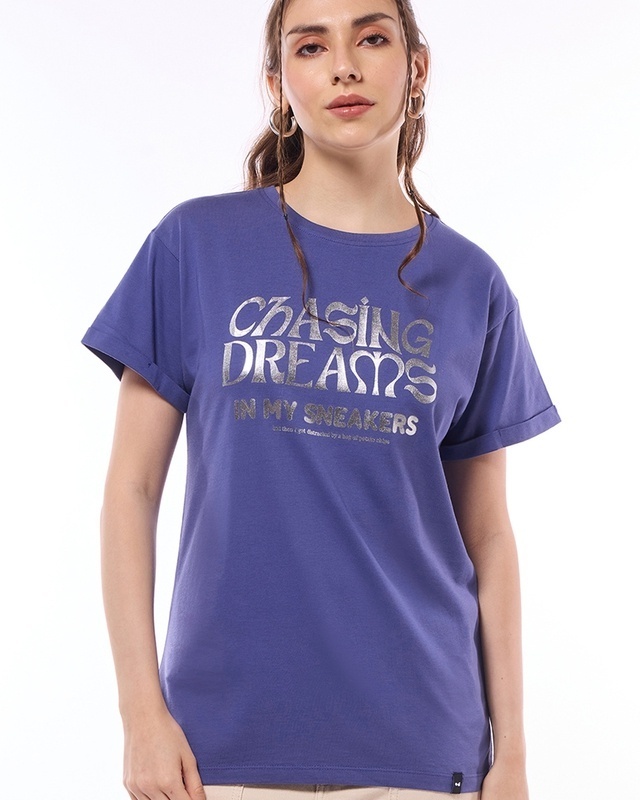 Shop Women's Skipper Blue Chasing Dreams Graphic Printed Boyfriend T-shirt-Front