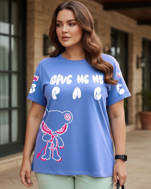 Shop Women's Skipper Blue Give Me Space Graphic Printed Boyfriend Plus Size T-shirt-Front