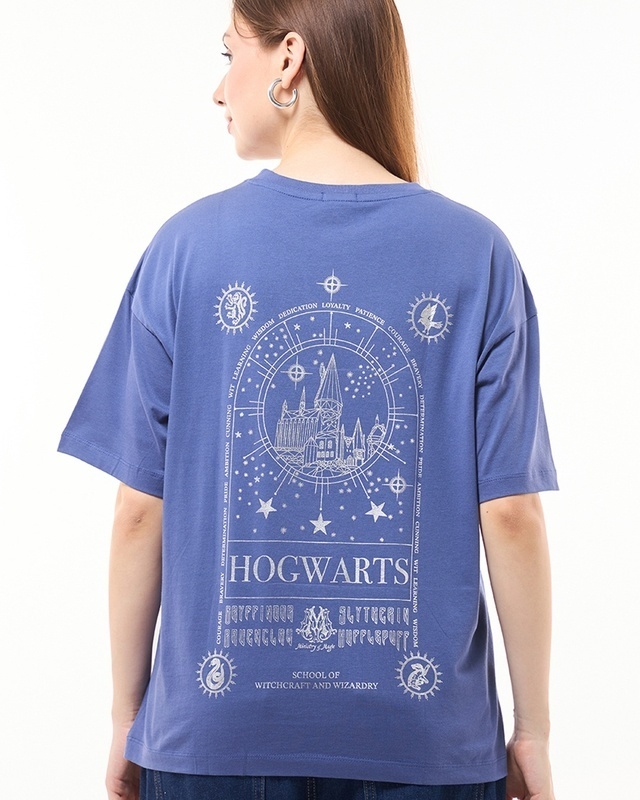 Shop Women's Skipper Blue Hogwarts Magic Graphic Printed Oversized T-shirt-Front