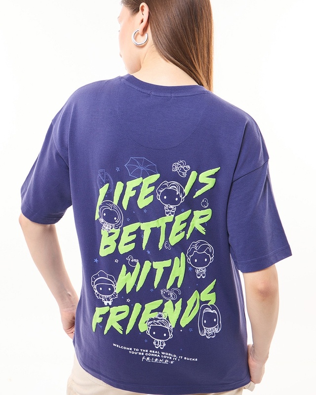 Shop Women's Skipper Blue Life is Better with Friends Graphic Printed Oversized T-shirt-Front