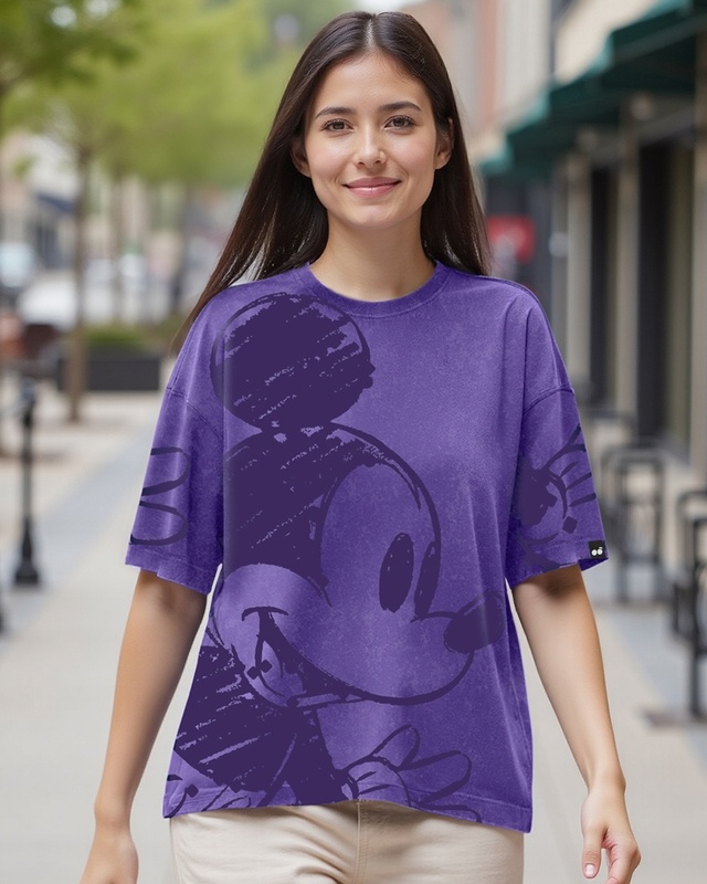 Shop Women's Skipper Blue Mickey Graphic Printed Oversized Acid Wash T-shirt-Front