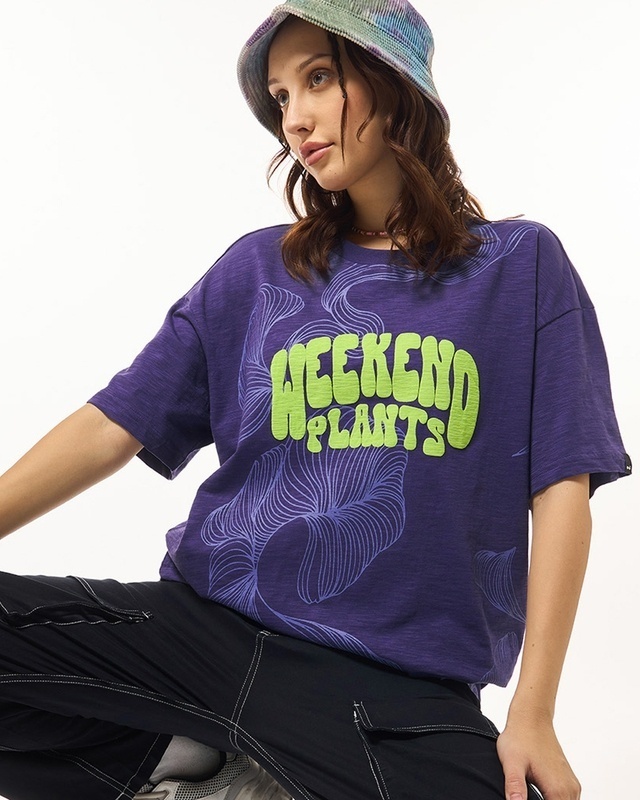 Shop Women's Skipper Blue Weekend Plants Graphic Printed Oversized T-shirt-Front