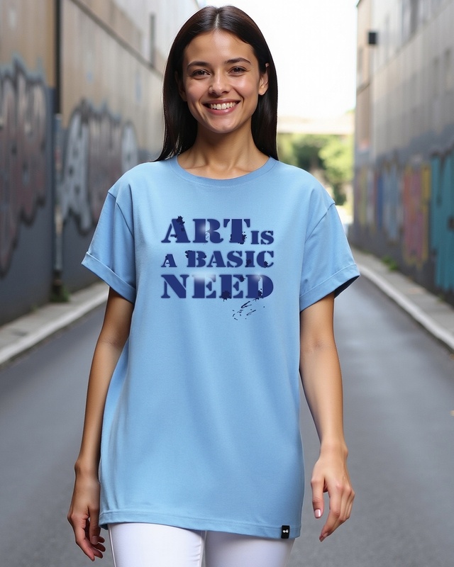 Shop Women's Sky Blue Art Is A Basic Need Typography Boyfriend T-shirt-Front