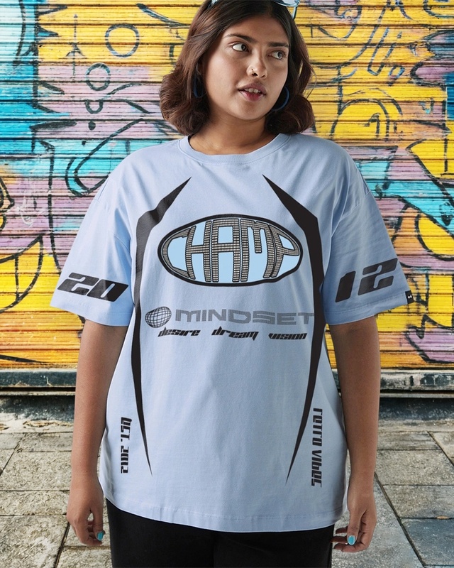 Shop Women's Sky Blue Champ Graphic Printed Oversized Plus Size T-shirt-Front