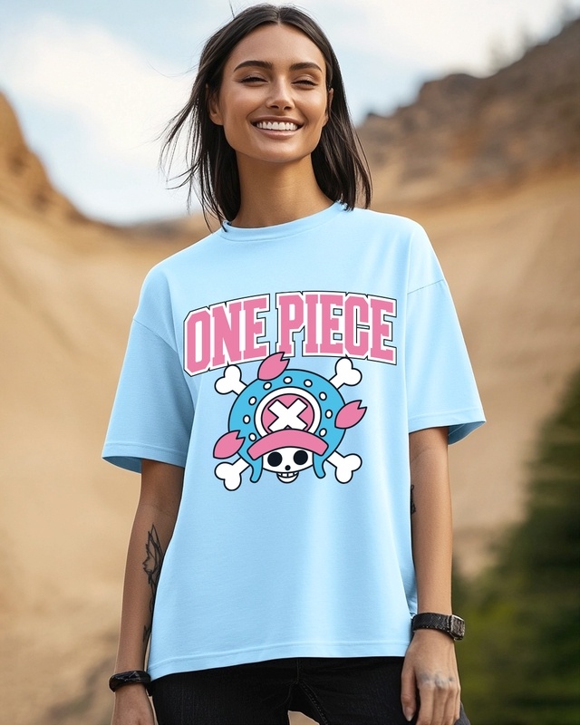 Shop Women's Sky Blue Chopper Onepiece Graphic Printed Oversized T-shirt-Front