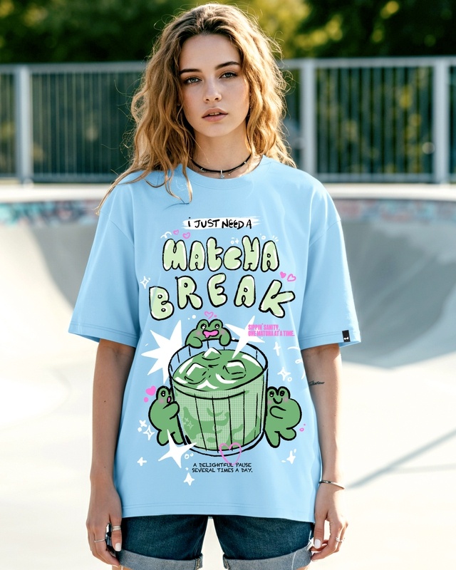 Shop Women's Sky Blue Matcha Break Graphic Printed Oversized T-shirt-Front