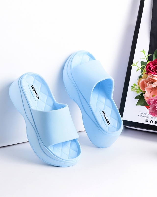 Shop Women's Sky Blue Platform Sliders-Front