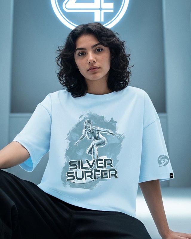 Shop Women's Sky Blue Silver Surfer Graphic Printed Oversized T-shirt-Front