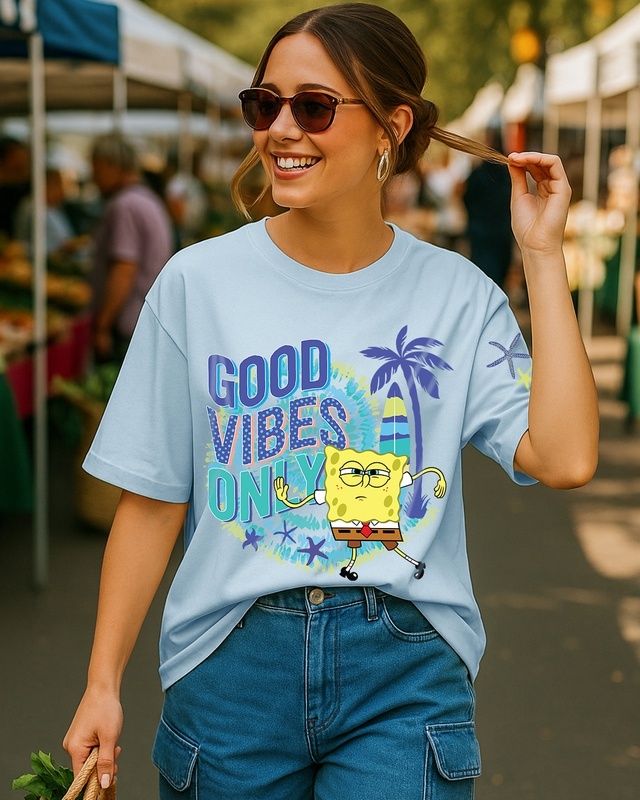 Shop Women's Sky Blue Sponge Bob Graphic Printed Oversized T-shirt-Front