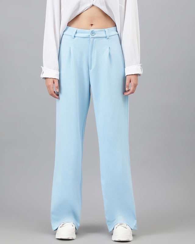 Shop Women's Sky Blue Straight Fit Trousers-Front