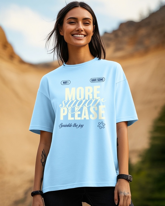 Shop Women's Sky Blue Sugar Please Typography Oversized T-shirt-Front