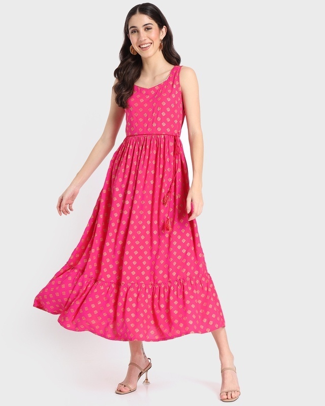 Shop Women's Pink Printed Sleeveless Ethnic Dress-Front