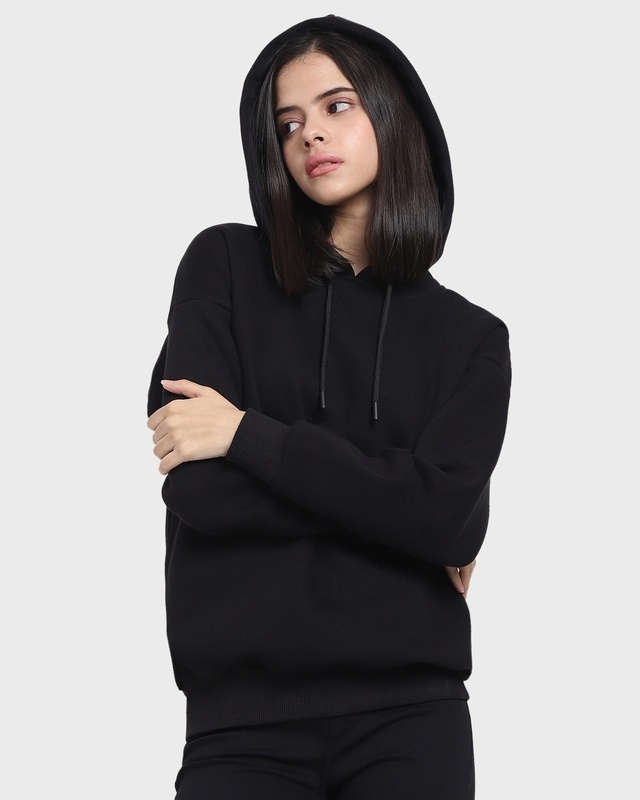 Shop Women's Solid Black Oversized Hoodies-Front