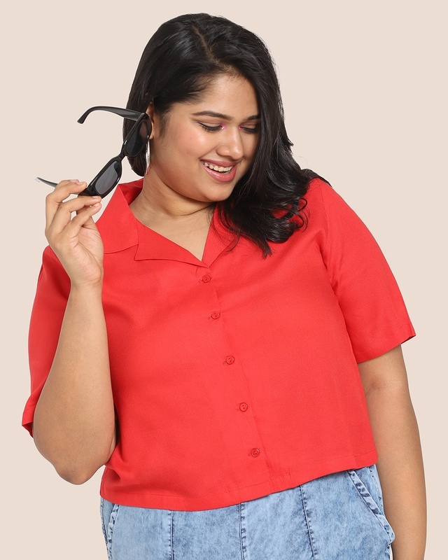 Shop Women's Solid Resort Collar Curvy Shirt-Front
