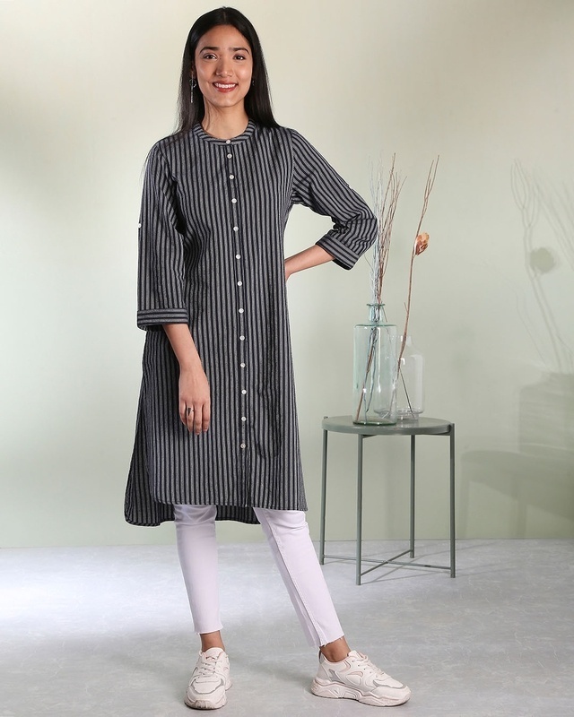 Shop Women's Stripe Mandarin Collar Button Down Side Slit Kurta-Front