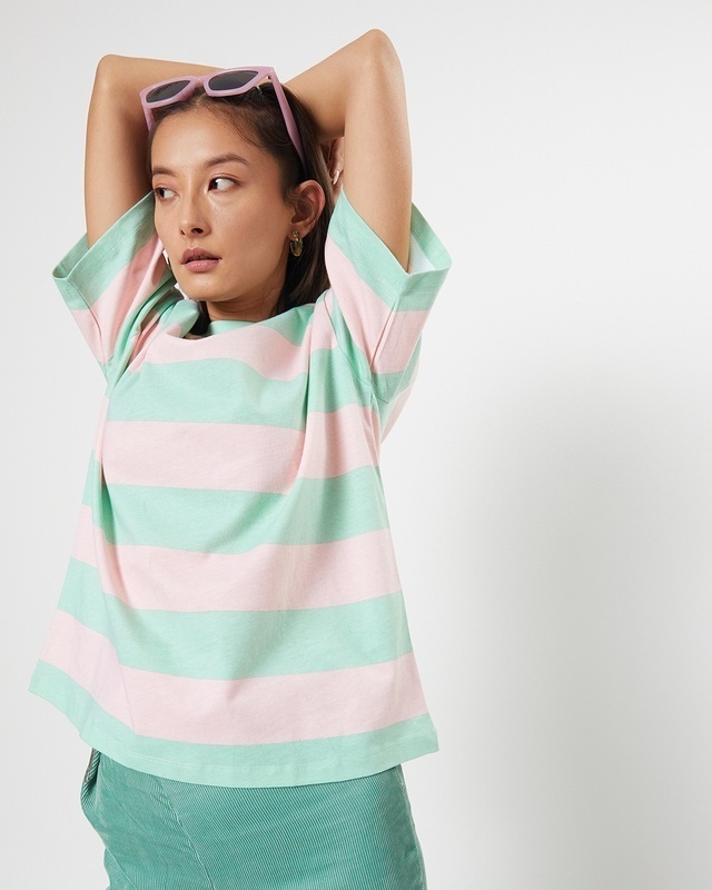 Shop Women's Sun-Kissed Green Stripe Oversized Fit Short Top-Front