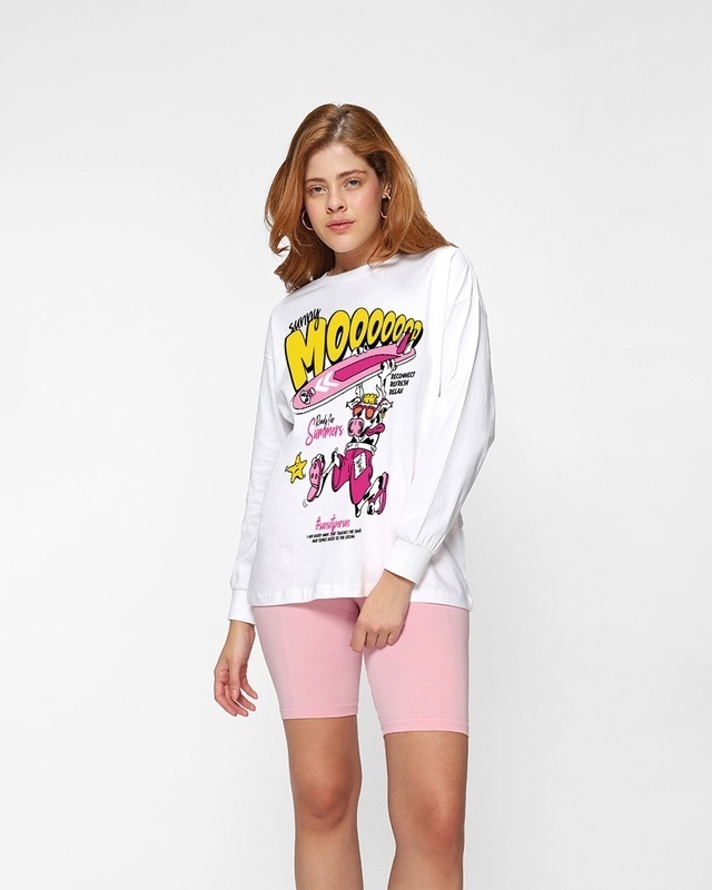 Shop Women's White Sunny Moooood Graphic Printed Oversized T-shirt-Front