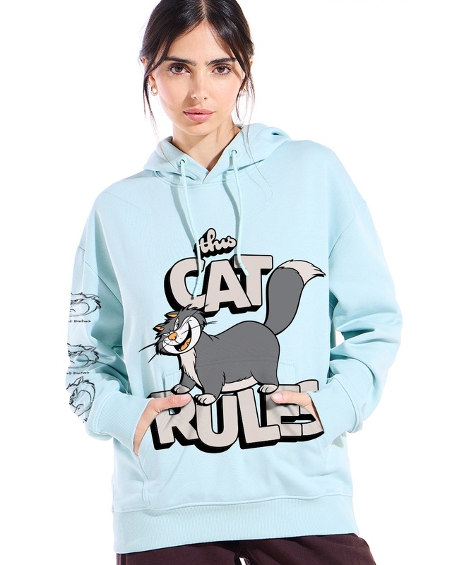 Shop Women's Cyan The Cat Rules Graphic Printed Oversized Hoodies-Front