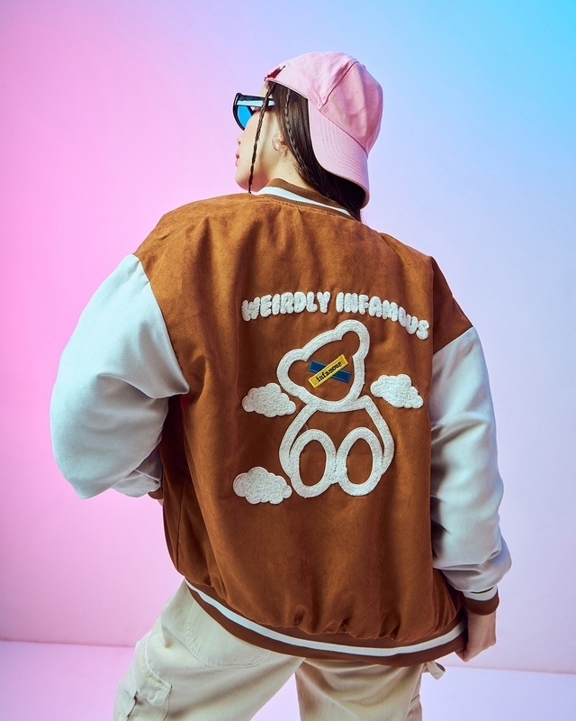 Shop Women's Brown & White Wierldy in Famous Graphic Printed Oversized Jacket-Front