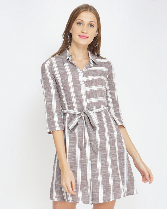 Shop Women's Taupe Striped Tunic Dress-Front